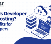 Developer VPS hosting illustration showing servers, cloud computing, a laptop with code, and web development tools.