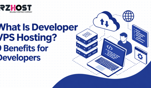 Developer VPS hosting illustration showing servers, cloud computing, a laptop with code, and web development tools.
