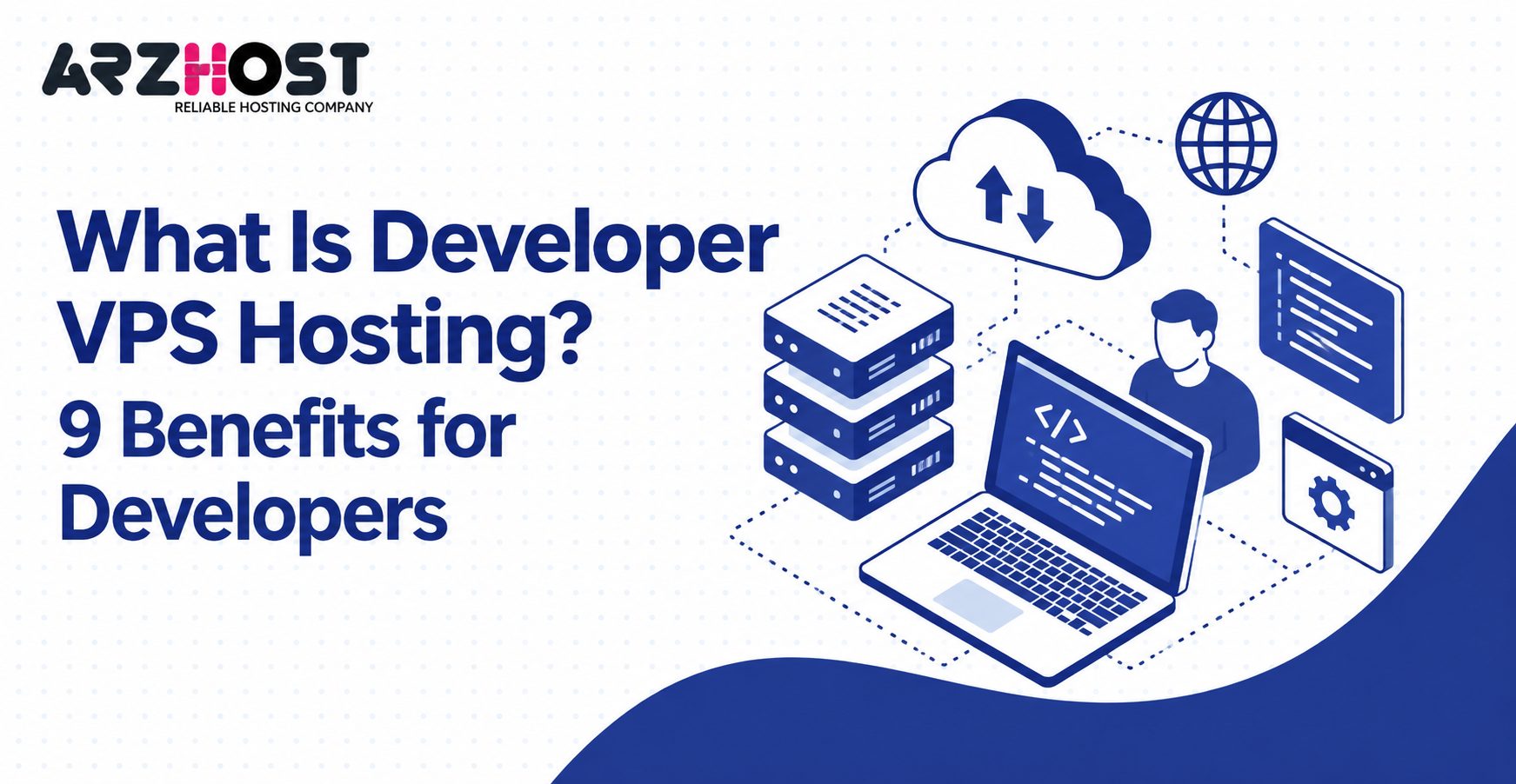 Developer VPS hosting illustration showing servers, cloud computing, a laptop with code, and web development tools.