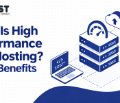 Illustration of high performance VPS hosting featuring powerful servers, a speedometer, cloud upload, coding laptop, analytics chart, and security shield in a blue and white design.