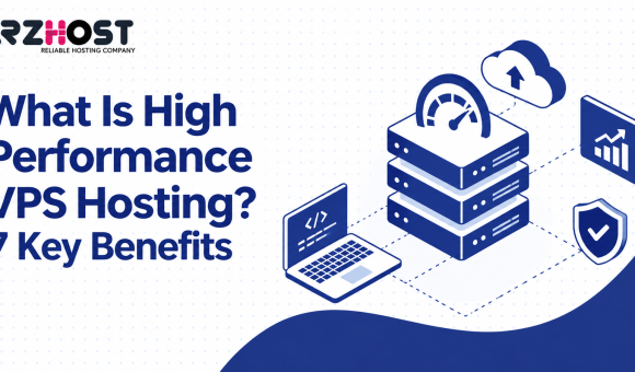 Illustration of high performance VPS hosting featuring powerful servers, a speedometer, cloud upload, coding laptop, analytics chart, and security shield in a blue and white design.