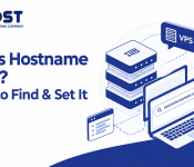 ARZHOST banner explaining what a VPS hostname is, featuring server illustrations, a laptop displaying a hostname example, and the title “5 Steps to Find & Set It.”