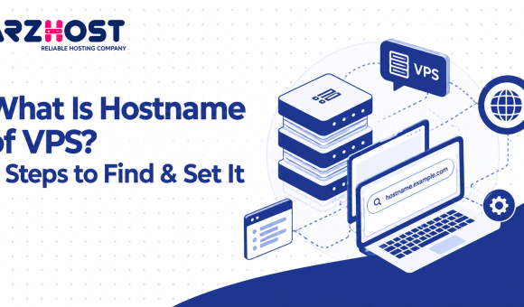 ARZHOST banner explaining what a VPS hostname is, featuring server illustrations, a laptop displaying a hostname example, and the title “5 Steps to Find & Set It.”