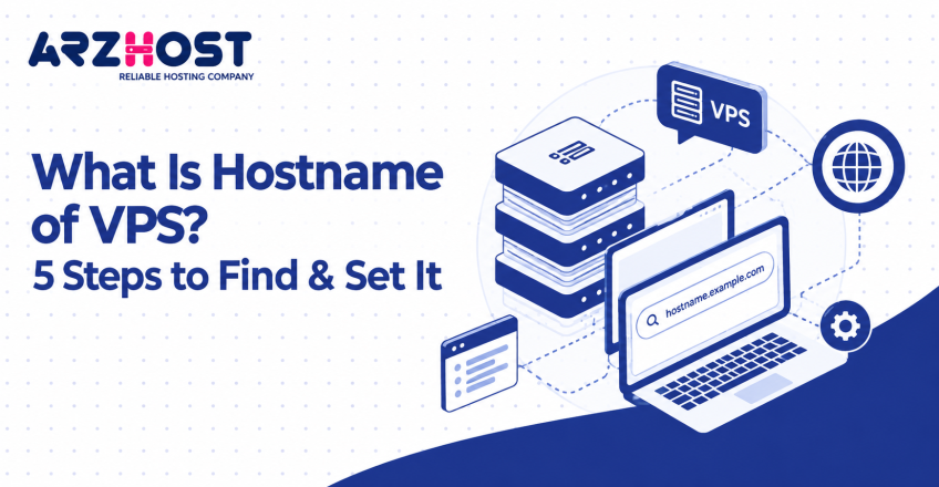ARZHOST banner explaining what a VPS hostname is, featuring server illustrations, a laptop displaying a hostname example, and the title “5 Steps to Find & Set It.”