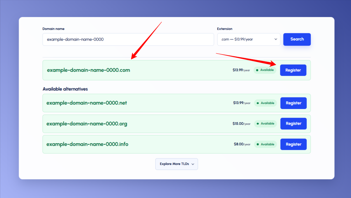 Select an available domain using the Register button