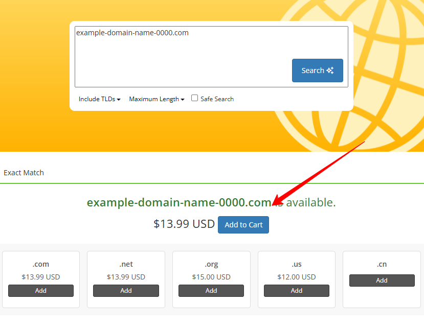 Add the selected domain name to the shopping cart