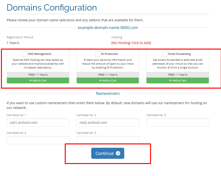 Configure nameservers and select domain add-ons