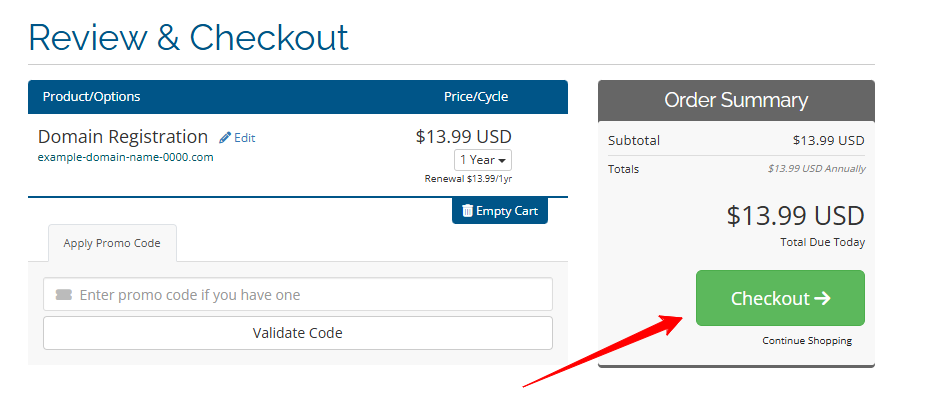 Review the order and complete domain registration at checkout